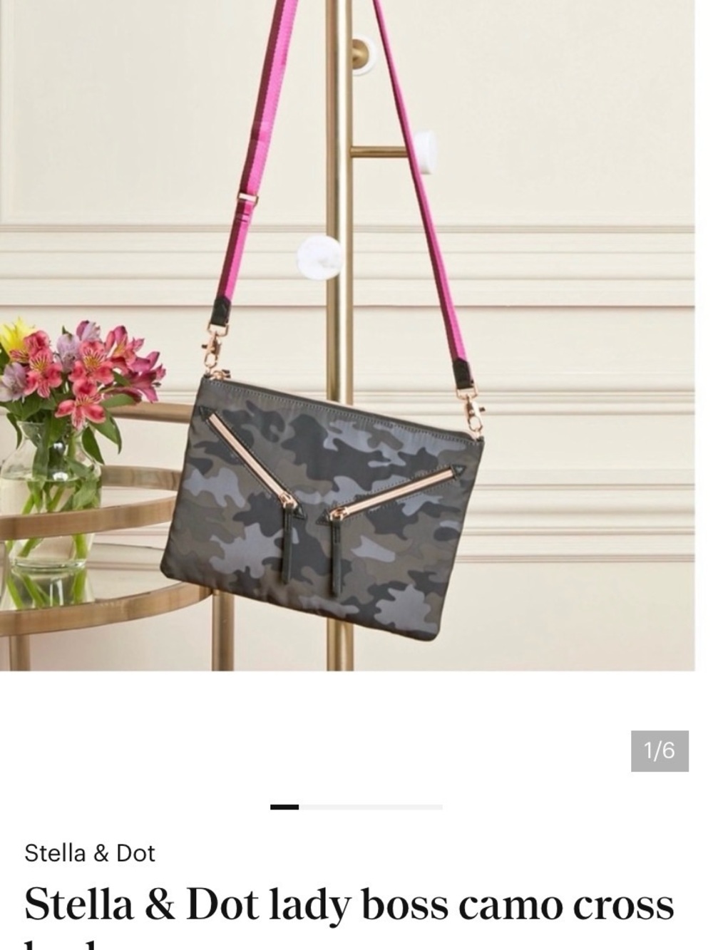 Stella & Dot Black Camo Crossbody with Hot Pink Strap
